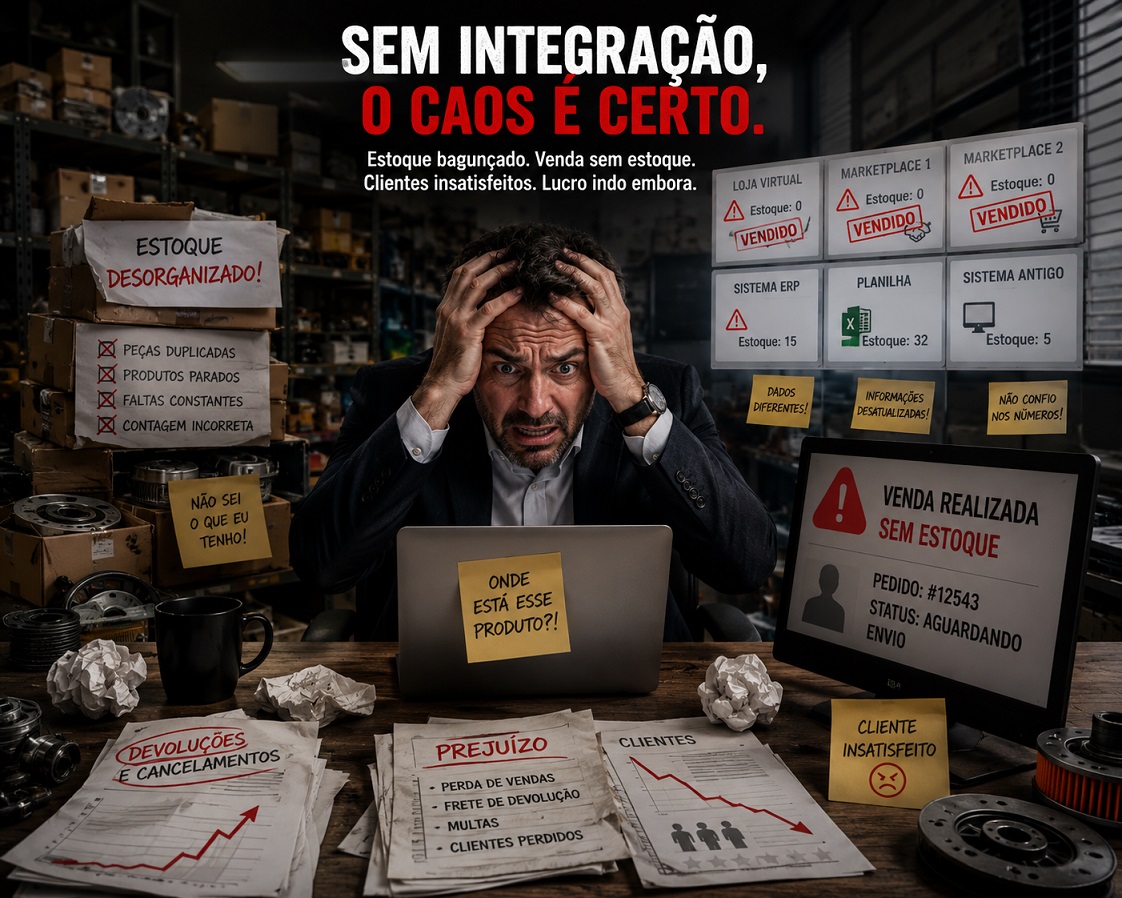 Ilustração do caos operacional de uma empresa com sistemas que não se conversam