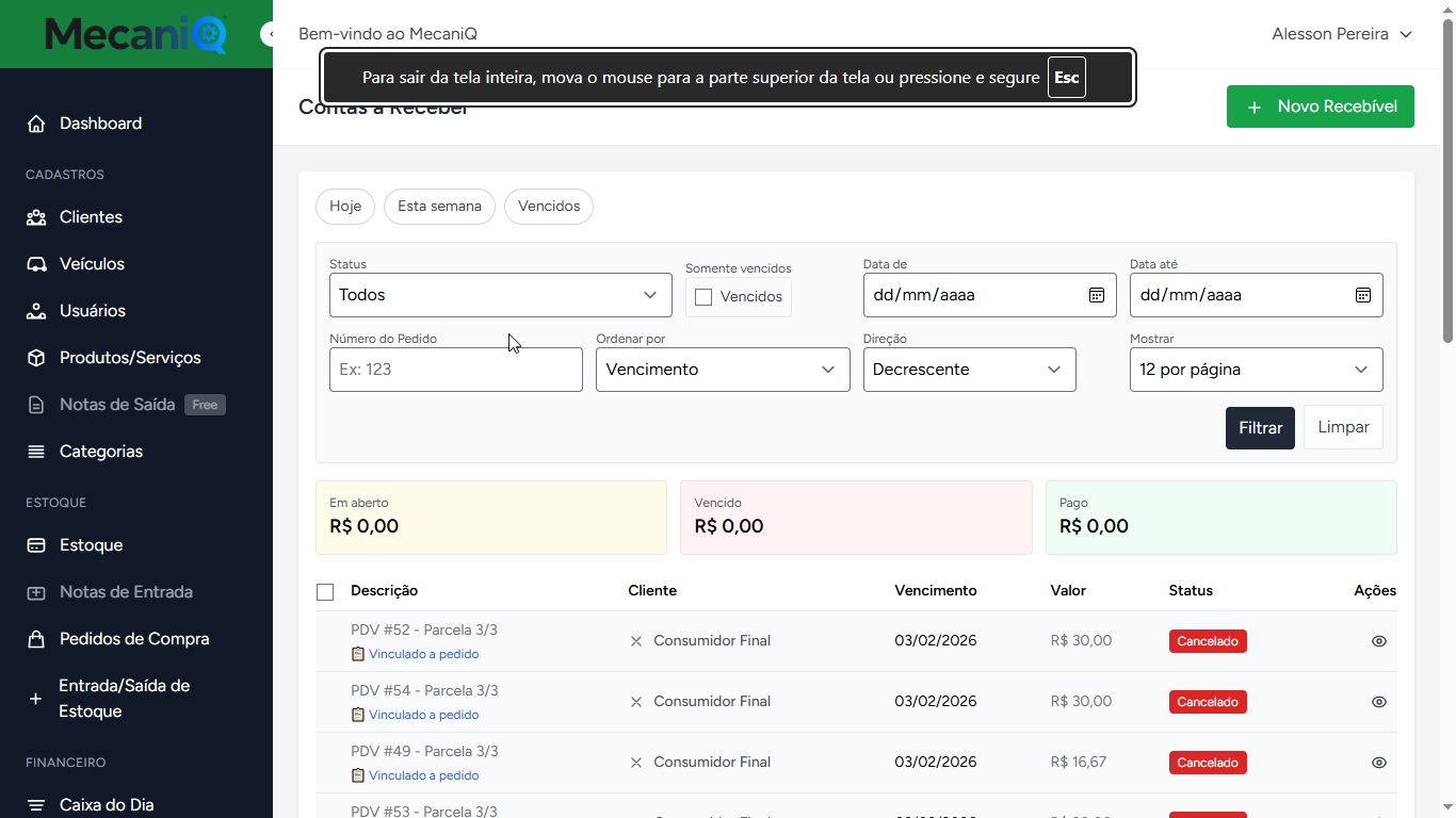 Tela de contas a receber do MecaniQ